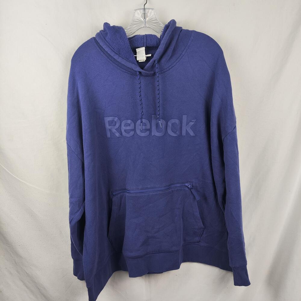 Reebok Hoodie Mens 3XL Blue Pullover Fleece Sweatshirt Logo Zip Pocket Kangaroo